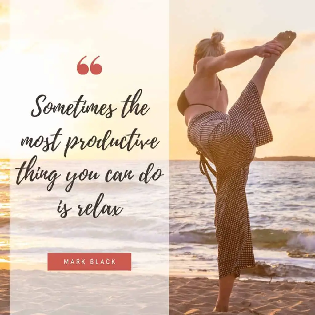 Time to relax - lady doing yoga on the beach in the evening - quote