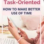 Time-oriented vs Task-oriented - woman looking at her phone while sitting behind her desk in front of the computer